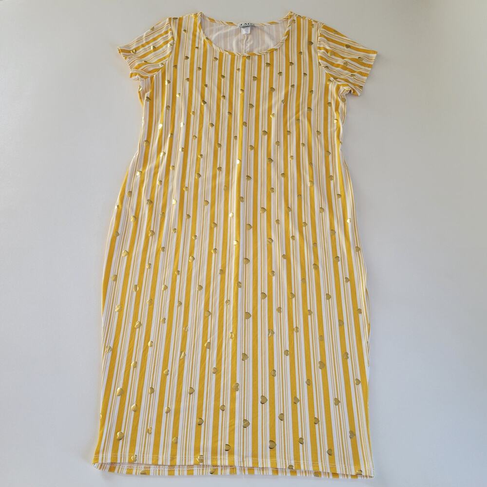 Vintage TMG Yellow Striped Gold Hearts Dress Size 1X Knee Length Made in USA